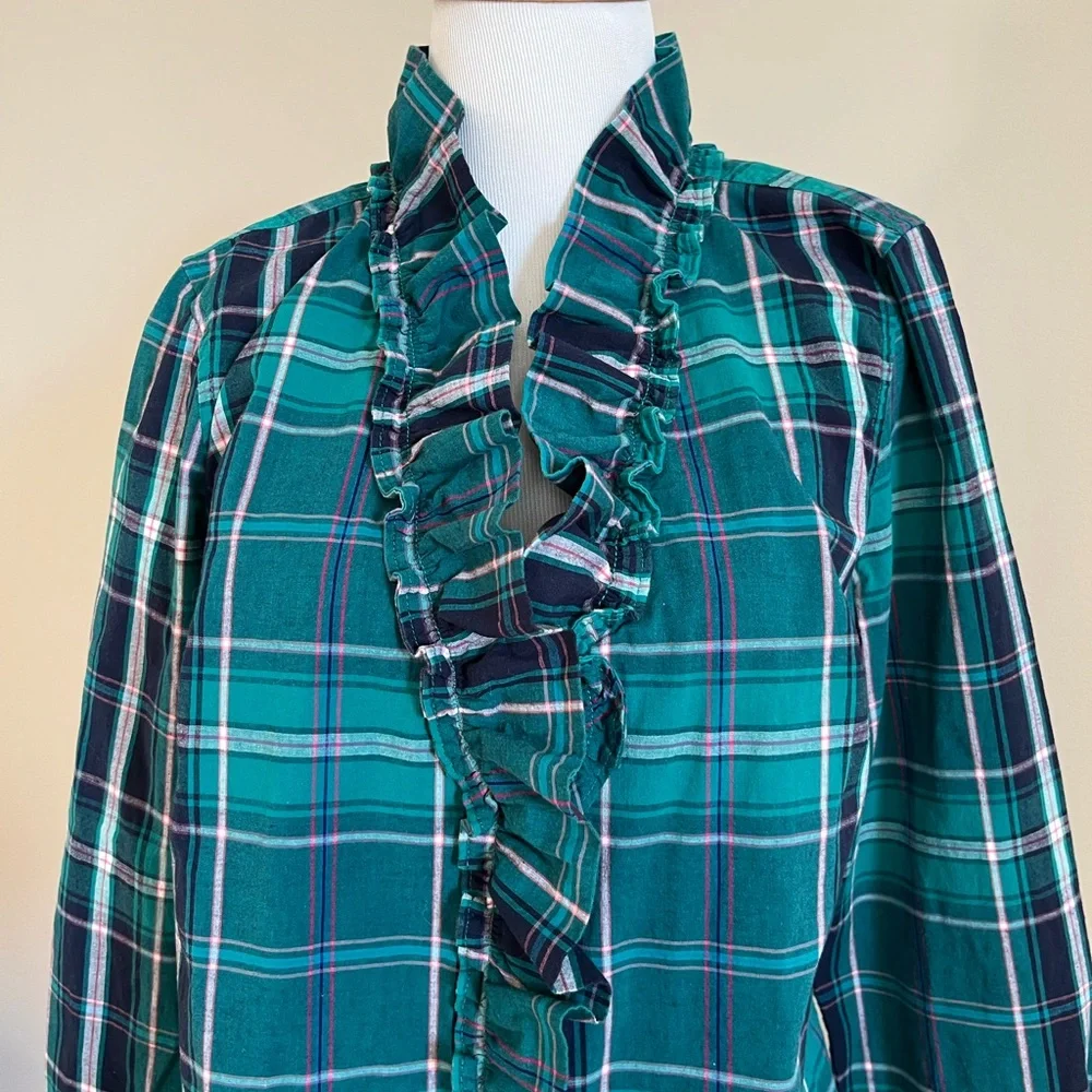 Crown & Ivy Green Plaid Ruffle Blouse Size Medium - Picture 2 of 10